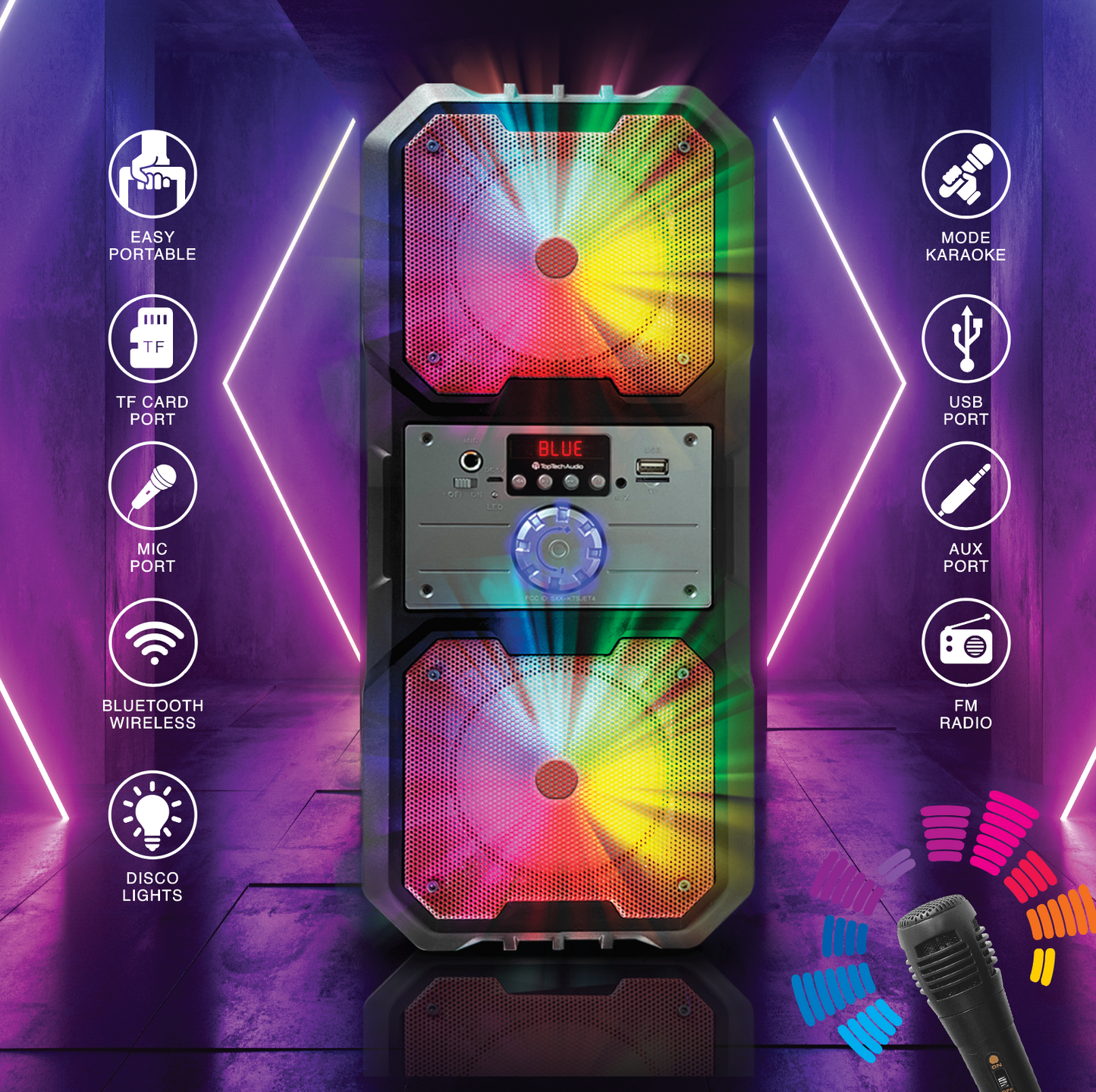 TOPTECH SPIKE-4, Dual 4 Inch Portable Bluetooth Speaker with Disco Lights & Rechargeable Battery with Extra Bass ,800W Powerful Sound,10 Meters (33ft) Bluetooth Distance for Home/Outdoor,Birthday Gift,light