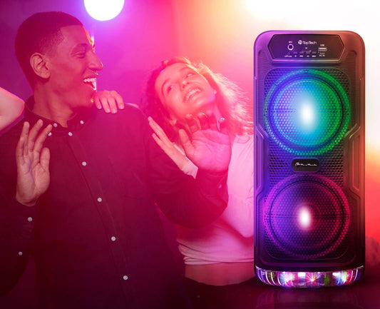TOPTECH JET-33 , 2x6.5 Inch Woofer Rechargeable Party Portable Speaker with Colorful Disco Lights on Grill,10 meters (33ft)Bluetooth Distance,of Blazing Powerful Sound, Wireless Microphone for Party/Gift/Indooer/Outdoor