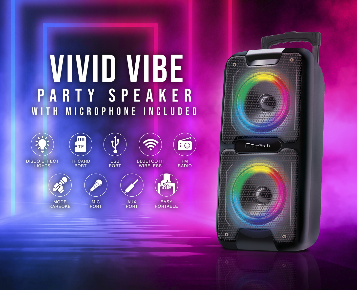 TOPTECH AL-101, 2x6.5 Inch Bluetooth Speaker,Wireless Stereo Sound Portable Speaker with Vivid Vibe Disco Lights,  Support for USB/TF Card/FM Radio/AUX,  Long Playtime for Outdoor Party Gift