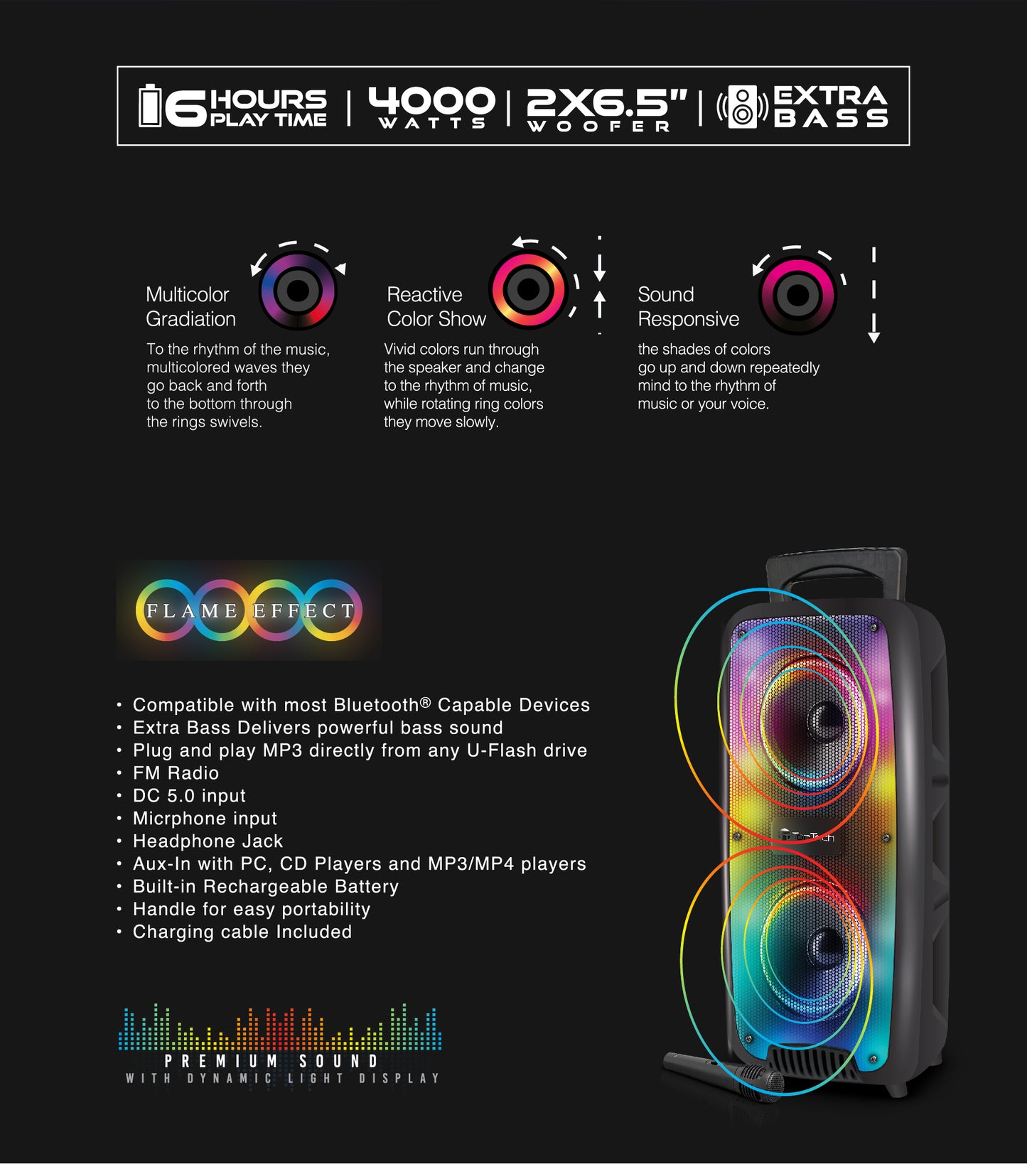 TOPTECH KL-60, 2x6.5'' Woofer Rechargeable Party Portable Speaker with Multi-color Disco Lights on Grill,10 meters (33ft)Bluetooth Distance,of Blazing Powerful Sound, Handle and Wheels and Wireless Microphone for Party/Gift/Indooer/Outdoor