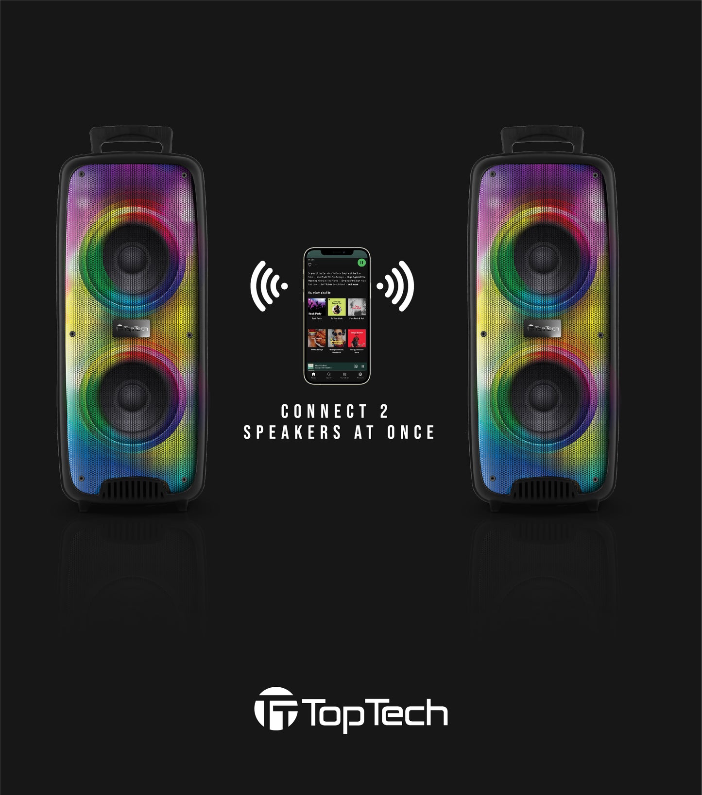 TOPTECH KL-60, 2x6.5'' Woofer Rechargeable Party Portable Speaker with Multi-color Disco Lights on Grill,10 meters (33ft)Bluetooth Distance,of Blazing Powerful Sound, Handle and Wheels and Wireless Microphone for Party/Gift/Indooer/Outdoor