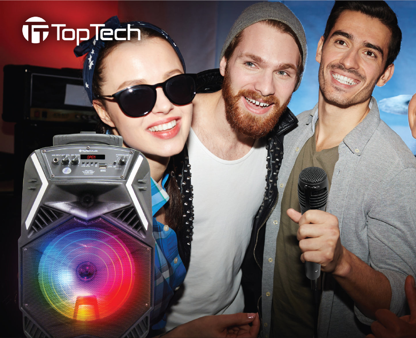 TOPTECH Angel-8 Bluetooth Portable Speaker with LED Lights, Mic, and Wheels - Top Tech Audio