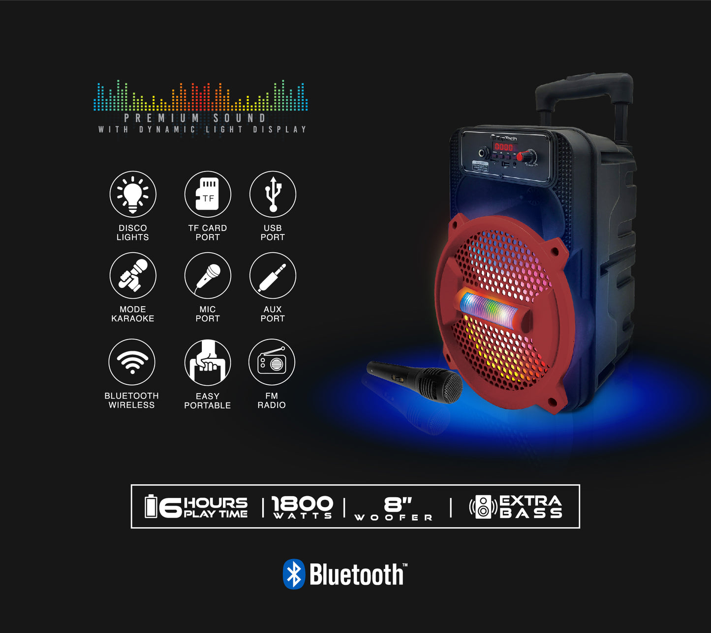 TOPTECH Rock-8, 1500W Portable Bluetooth Speaker with Disco Lights & Microphone - Top Tech Audio