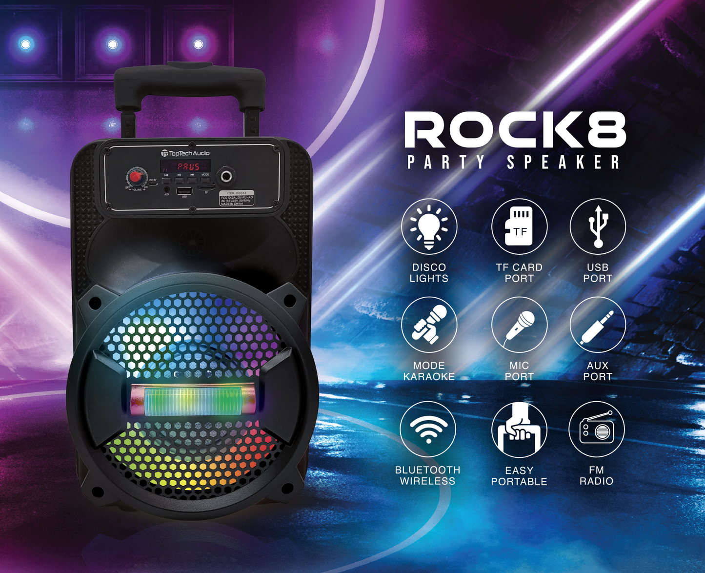 TOPTECH Rock-8, 8 Inch Wireless Bluetooth Speakers Portable Speaker with Mircrophone, Blazing Disco Lights, Remote Control, High-Fidelity Sound, 10M(33ft) Wireless Range,for Home/Party/Outdoor,Gift