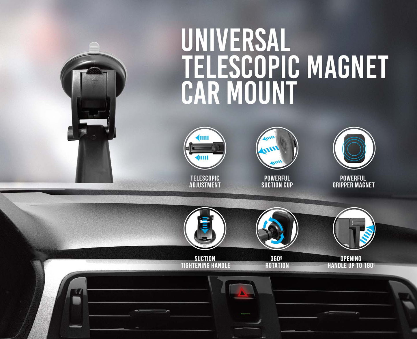 TOPTECH Universal Telescopic Magnetic Car Mount Holder OL, Secure & Hands-Free Driving Solution for Phones and GPS Devices, 360° Rotation Adjustable Arm Fits Any Vehicle Dashboard, Easy Installation