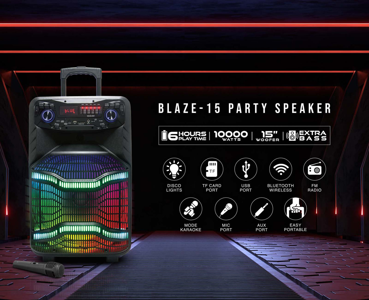 BLAZE-15, 15'' Bluetooth Party Speaker with Disco Lights - Top Tech Audio