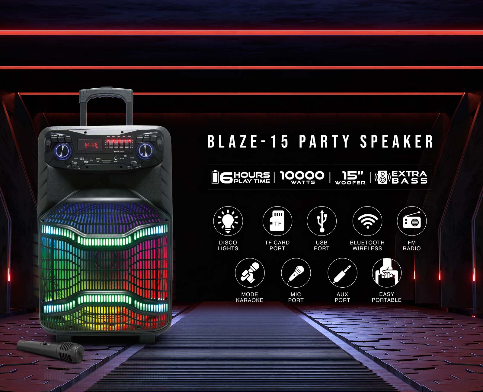 BLAZE-15, 15'' Bluetooth Party Speaker with Disco Lights - Top Tech Audio
