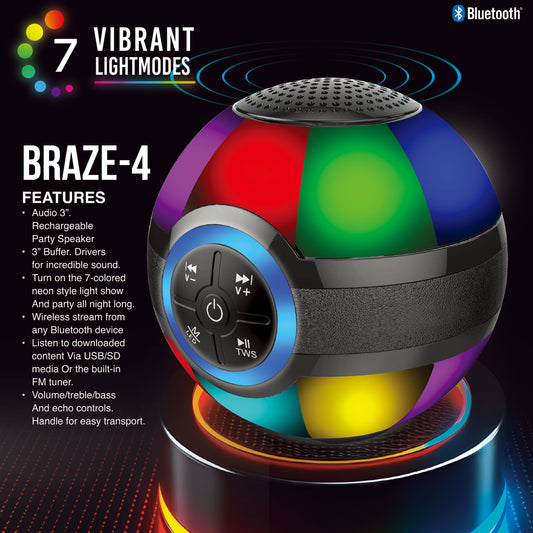 TOPTECH BRAZE-4 Audio 3'' Woofer Rechargeable Party Portable Speaker with 7 Colored LED Light,Powerful Sound Output,Precision-Tuned Stereo Sound,10M Wireless Range