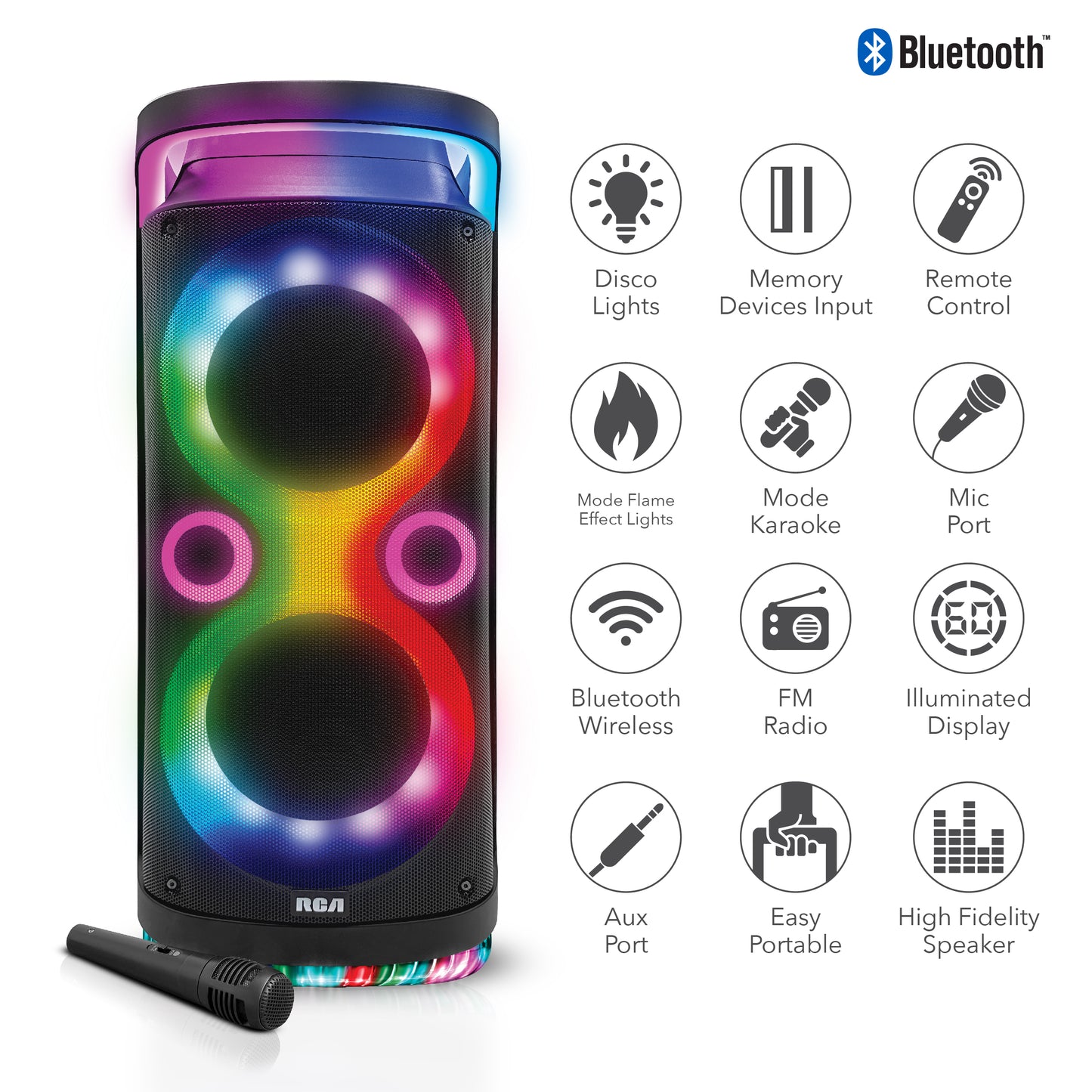 RCA Disco 2108 Flame Effect Bluetooth Party Speaker with Dual 8" Woofers