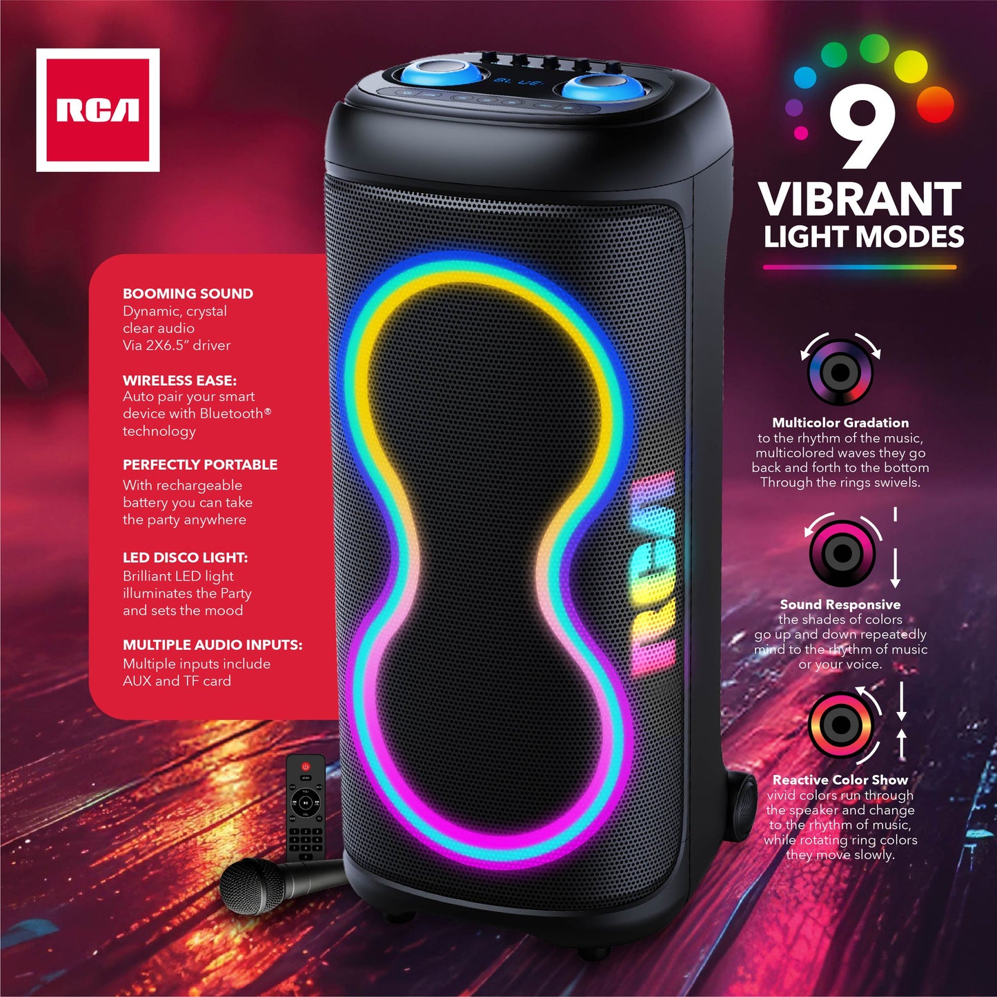 RCA BEAT-1010 Portable Bluetooth Speaker Wireless Karaoke Speaker with Mic & RGB Light