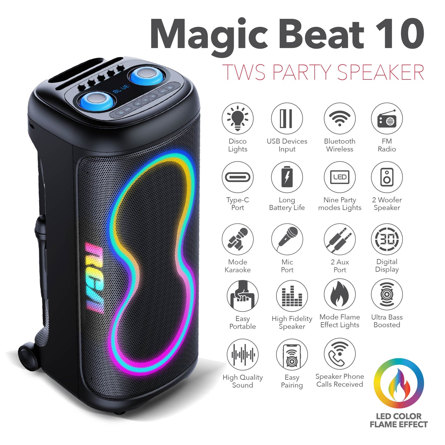 RCA BEAT-1010 Portable Bluetooth Speaker Wireless Karaoke Speaker with Mic & RGB Light