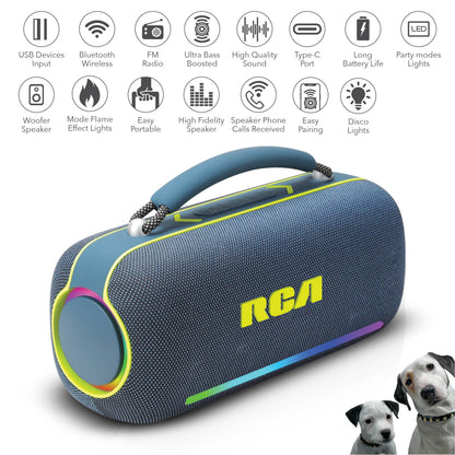 RCA BEAT-5 Portable Bluetooth Speaker 40W IPX5 Wireless Speaker with RGB Light