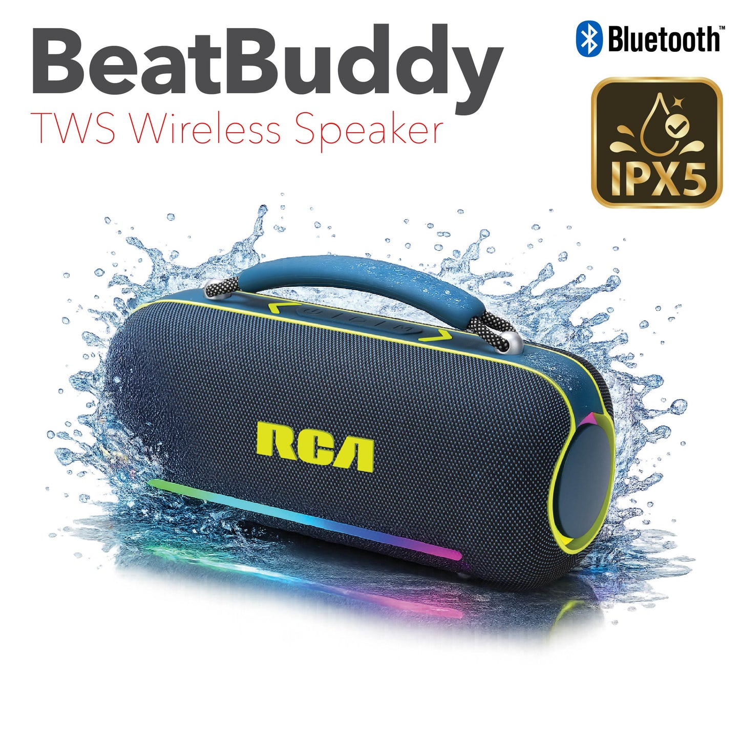 RCA BEAT-5 Portable Bluetooth Speaker 40W IPX5 Wireless Speaker with RGB Light