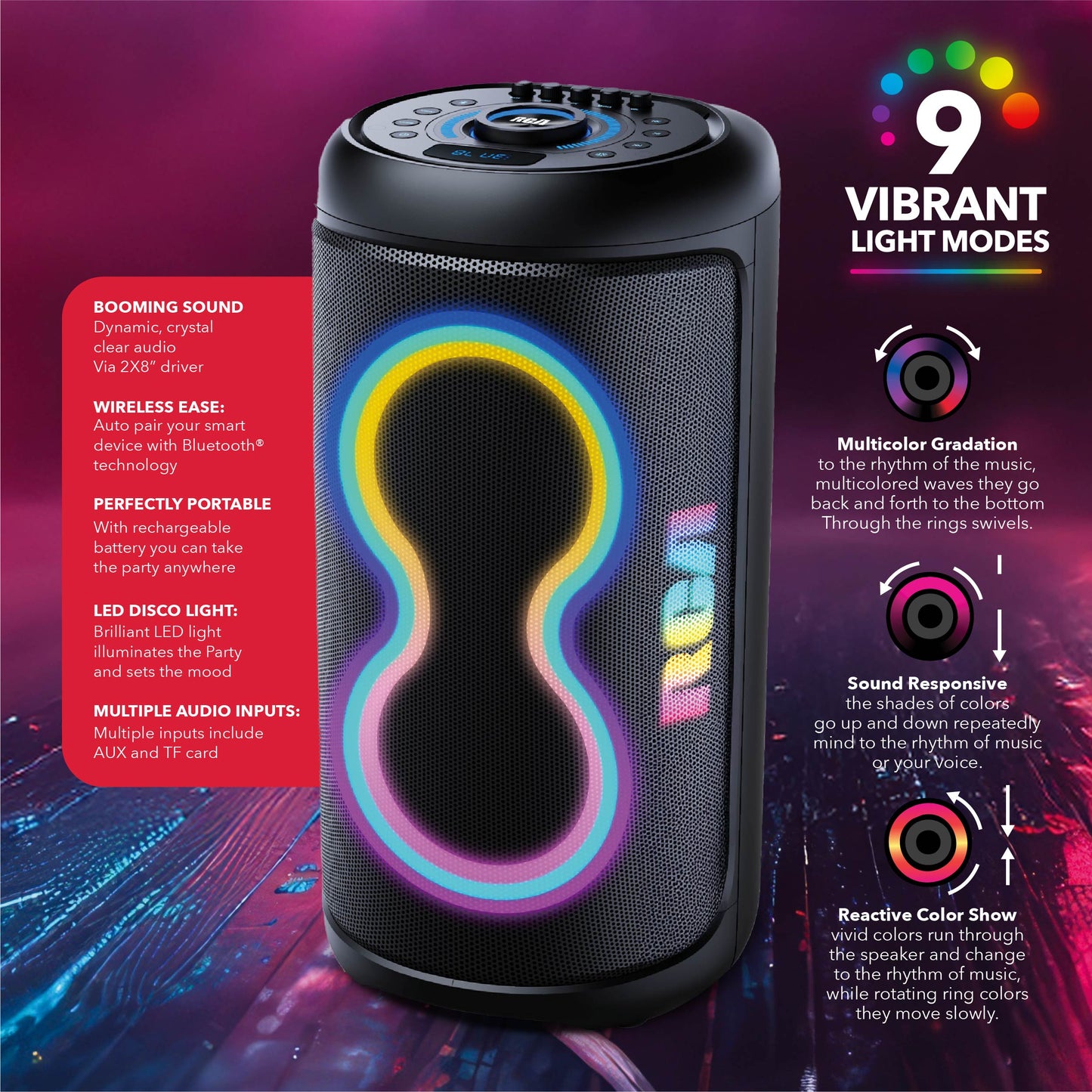 RCA BEAT-88 Portable Bluetooth Speaker Wireless Karaoke Speaker with Mic & RGB Light
