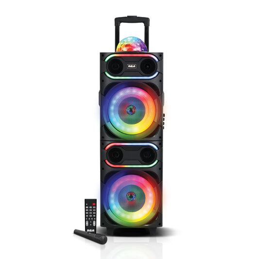 RCA Disco 208 Flame Effect Bluetooth Party Speaker with LED Disco Lights Projector and Dual 8" Woofers