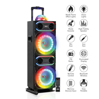 RCA Disco 208 Flame Effect Bluetooth Party Speaker with Dual 8" Woofers