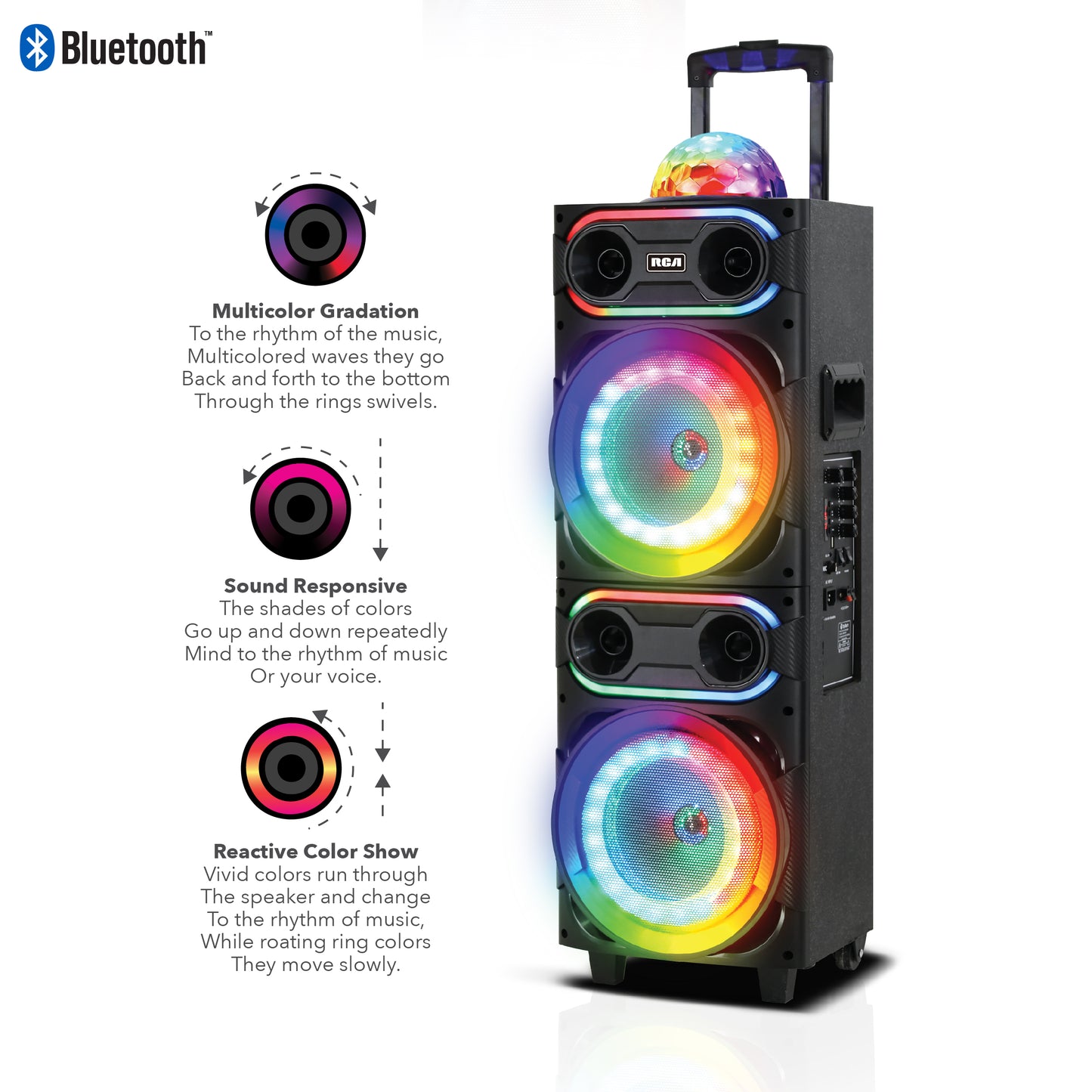 RCA Disco 208 Flame Effect Bluetooth Party Speaker with Dual 8" Woofers