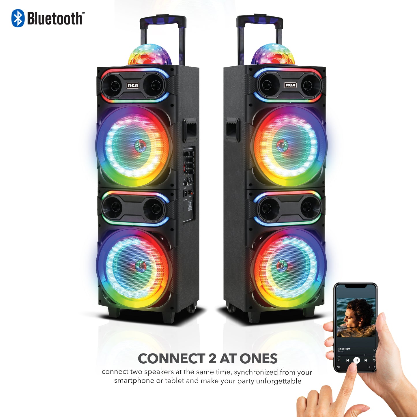 RCA Disco 208 Flame Effect Bluetooth Party Speaker with Dual 8" Woofers