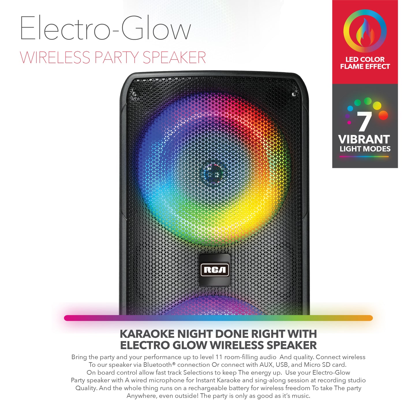 RCA Disco 8 RGB Wireless Party Speaker with LED Show Lights Effect, Bluetooth and Dual 8" Woofers