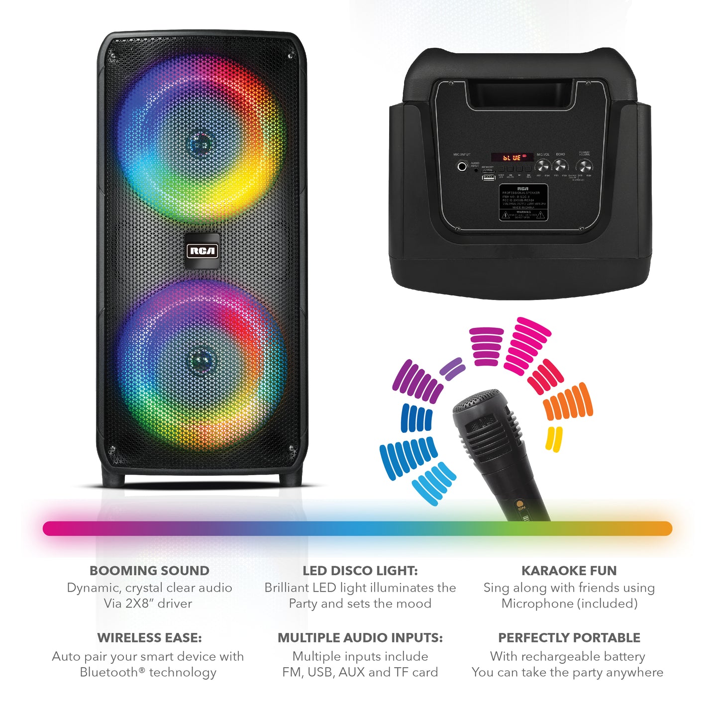 RCA Disco 8 RGB Wireless Party Speaker with Dual 8" Woofers & LED Lights