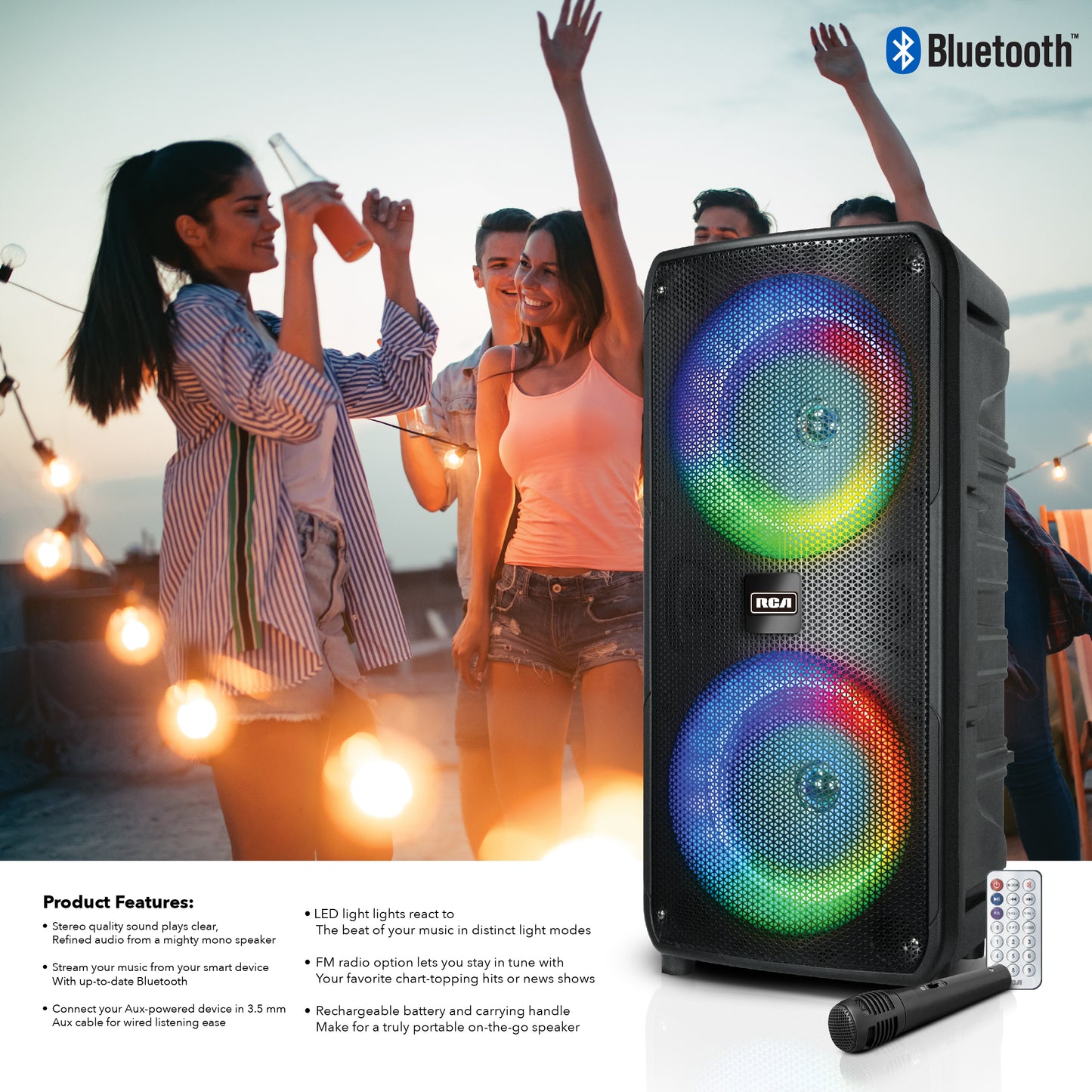 RCA Disco 8 RGB Wireless Party Speaker with LED Show Lights Effect, Bluetooth and Dual 8" Woofers