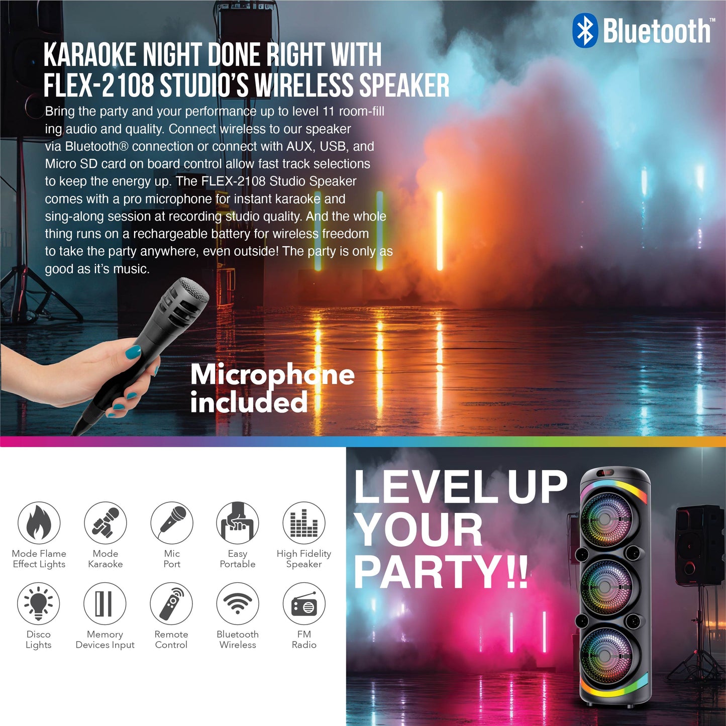 RCA FLEX-2108 Portable Bluetooth Speaker Wireless Karaoke Speaker with Mic & RGB Light