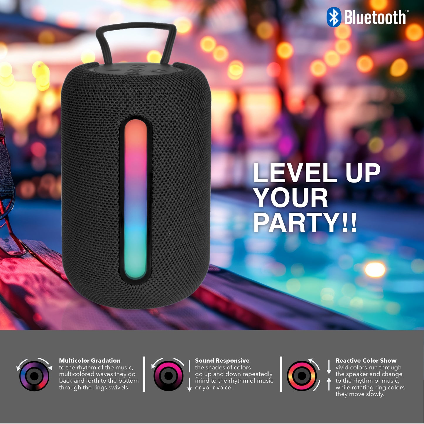 RCA STAGE-103 Bluetooth Cyber Tone Party Speaker with Lights, 12H Playback Time, Bluetooth Version 5.1