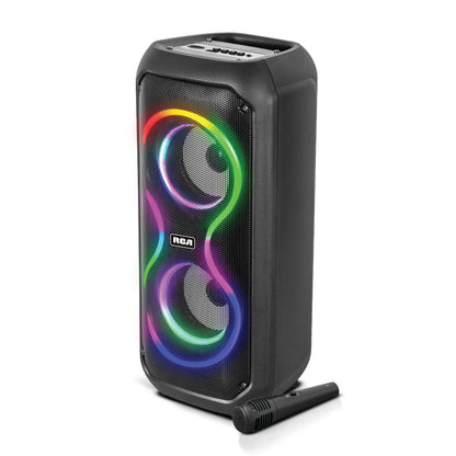 RCA STAGE-204 Dual 4" Bluetooth Speaker with LED Lights, FM Radio & Karaoke Function, 12H Playback Time, Bluetooth Version 5.2, Black
