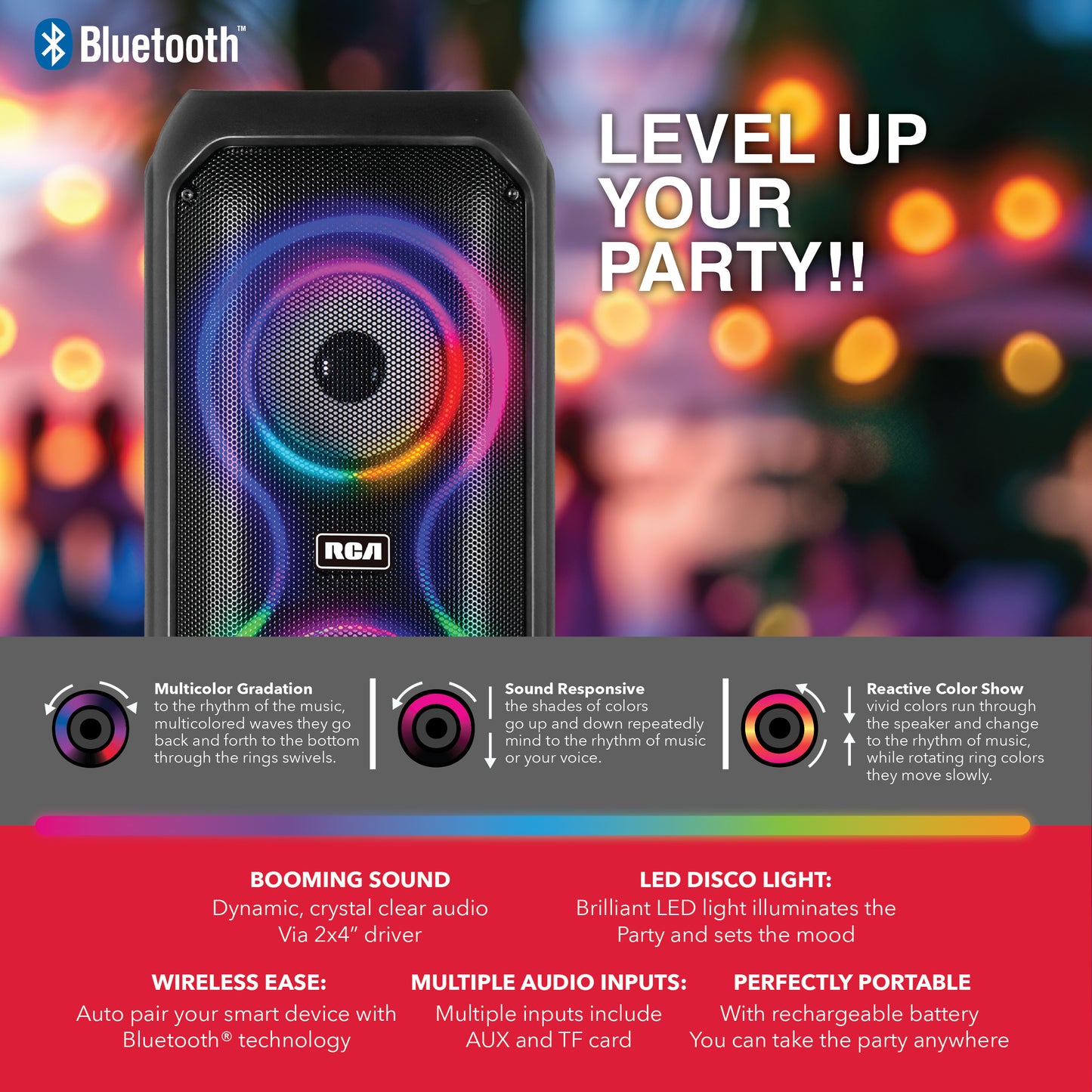 RCA STAGE-204 Dual 4" Bluetooth Speaker with LED Lights, FM Radio & Karaoke Function, 12H Playback Time, Bluetooth Version 5.2, Black
