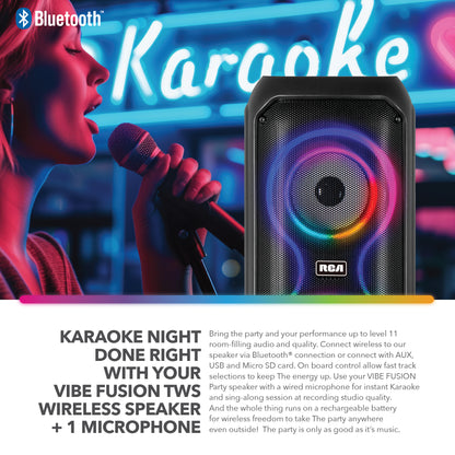 RCA STAGE-204 Dual 4" Bluetooth Speaker with LED Lights, FM Radio & Karaoke Function, 12H Playback Time, Bluetooth Version 5.2, Black