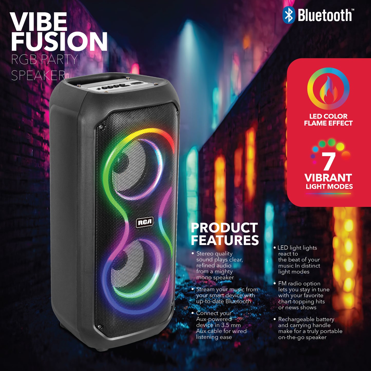 RCA STAGE-204 Dual 4" Bluetooth Speaker with LED Lights, FM Radio & Karaoke Function, 12H Playback Time, Bluetooth Version 5.2, Black