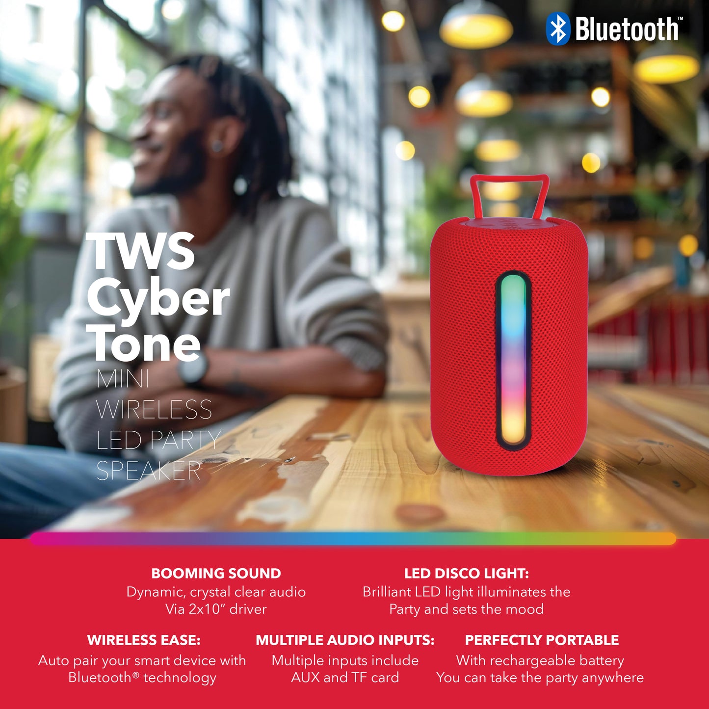 RCA STAGE-103 Bluetooth Cyber Tone Party Speaker with Lights, 12H Playback Time, Bluetooth Version 5.1