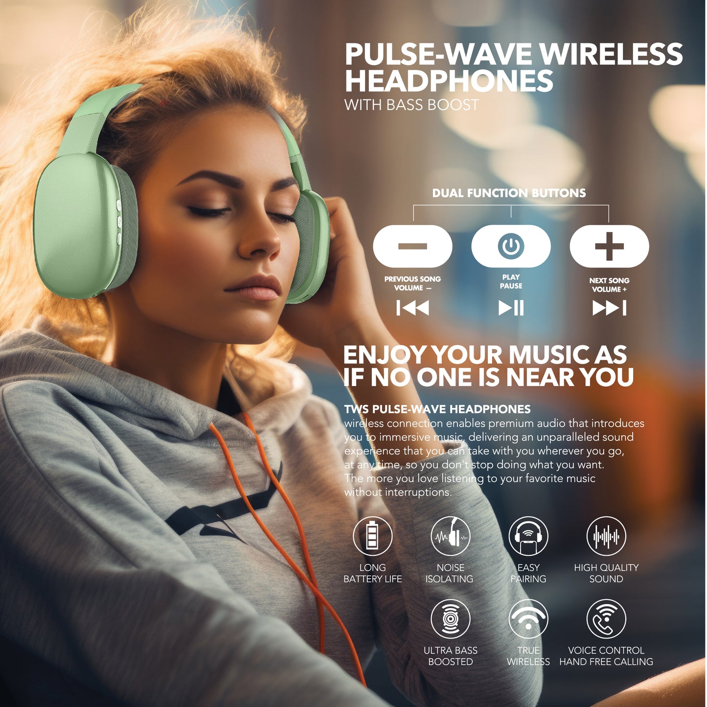 RCA Wave-56 Wireless Over-Ear Bluetooth Headphones, 40H Playtime, Hi-Res Audio