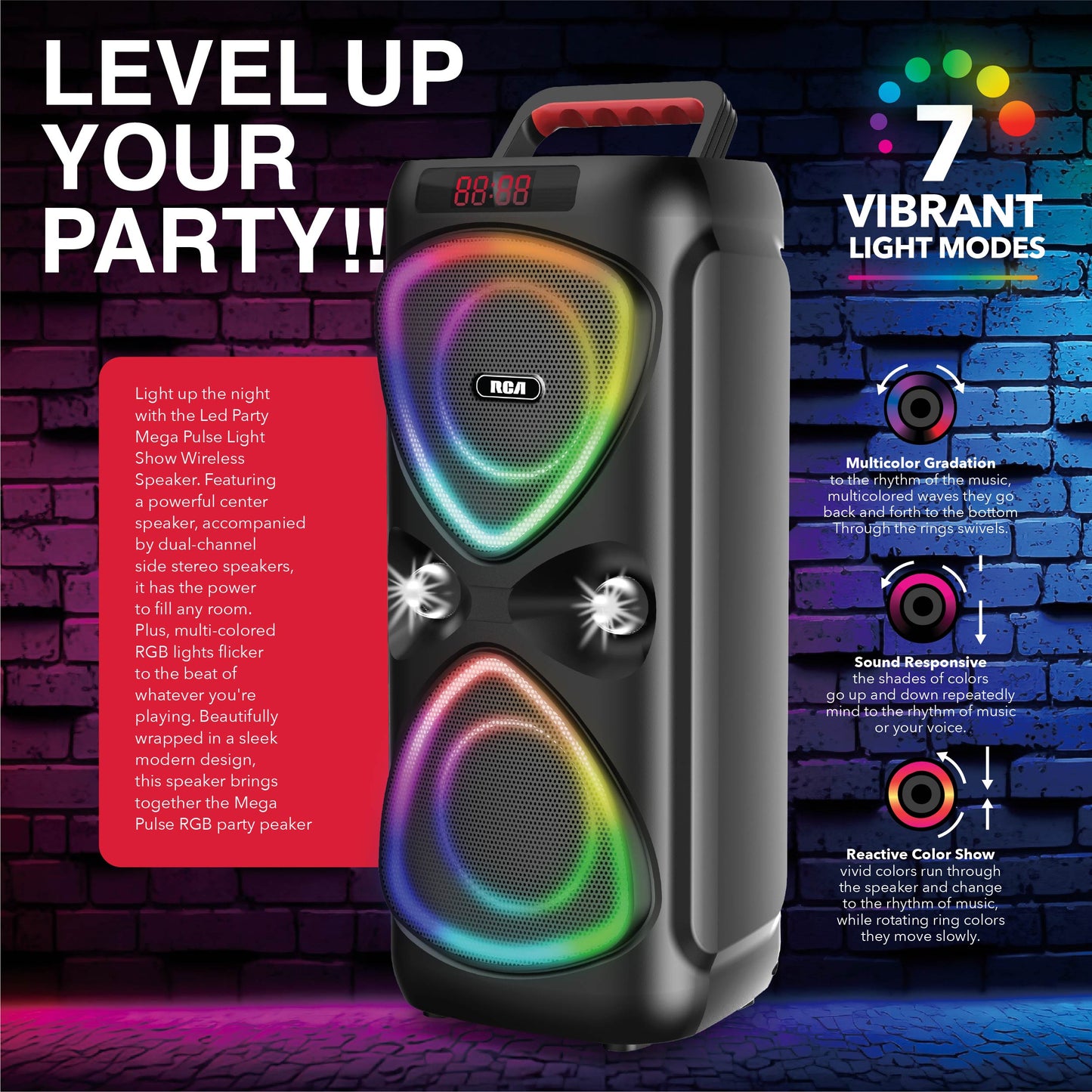 RCA FLAME-33 Portable Bluetooth Speaker Wireless Karaoke Speaker with RGB Light