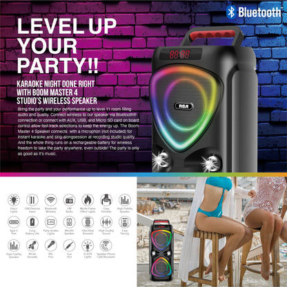 RCA FLAME-33 Portable Bluetooth Speaker Wireless Karaoke Speaker with RGB Light