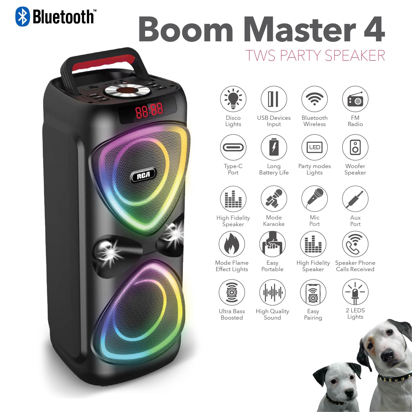 RCA FLAME-33 Portable Bluetooth Speaker Wireless Karaoke Speaker with RGB Light