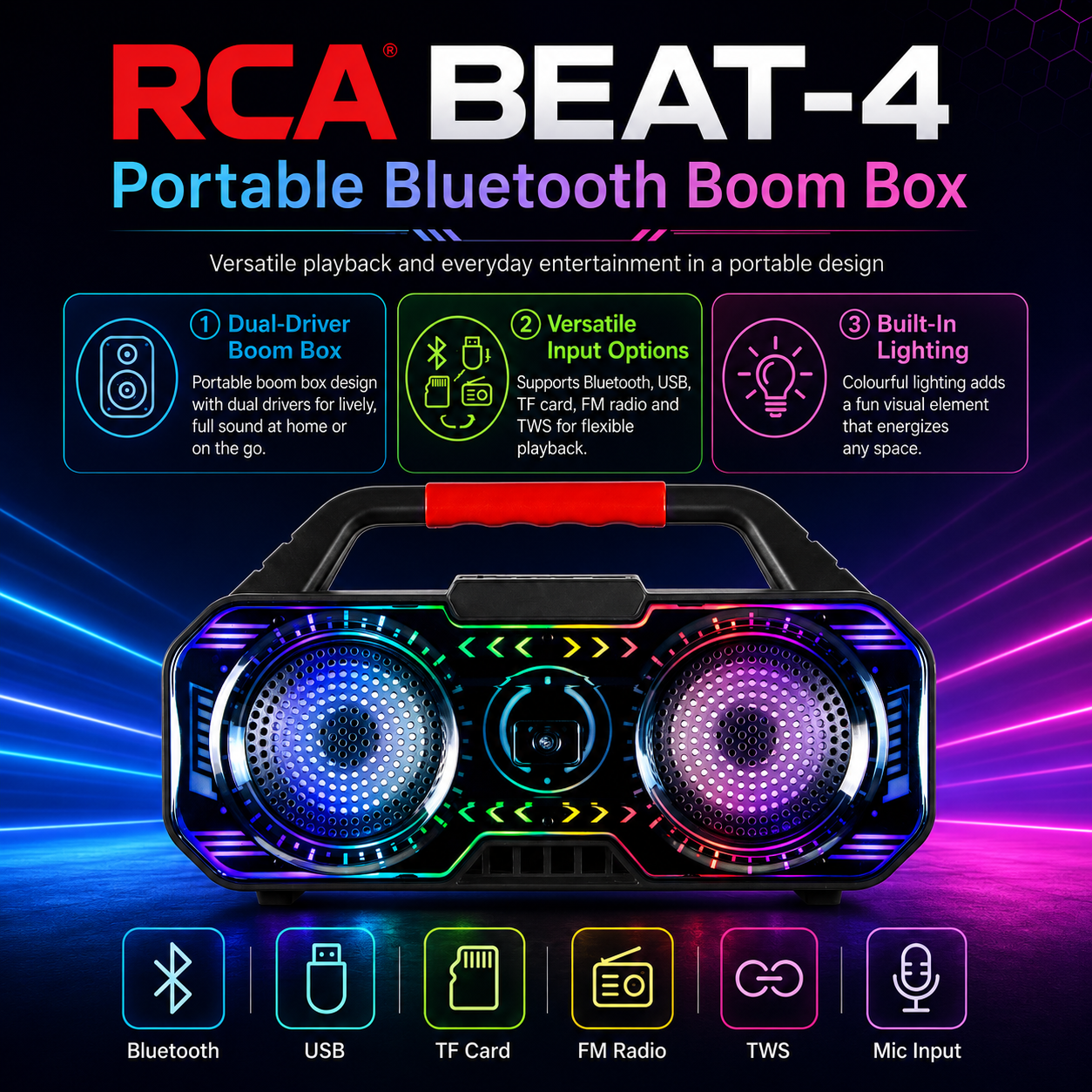 RCA BEAT-4 Portable Bluetooth Boom Box with Dual Drivers, 12H Playback Time, Bluetooth Version 5, Black