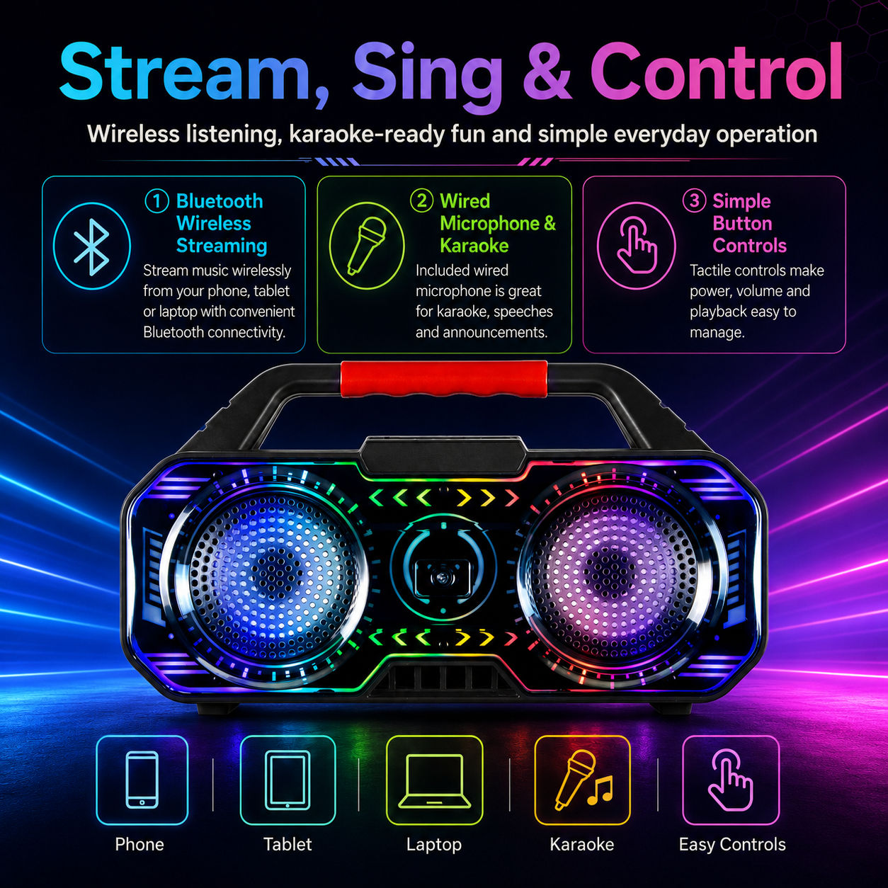 RCA BEAT-4 Portable Bluetooth Boom Box with Dual Drivers, 12H Playback Time, Bluetooth Version 5, Black
