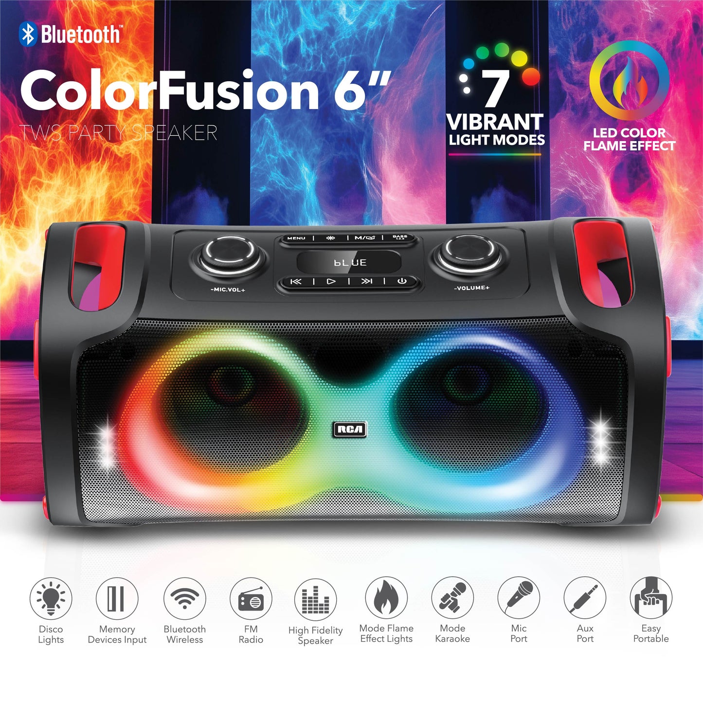 RCA BEAT-206 Portable Bluetooth Speaker Wireless Karaoke Speaker with Mic & RGB Light