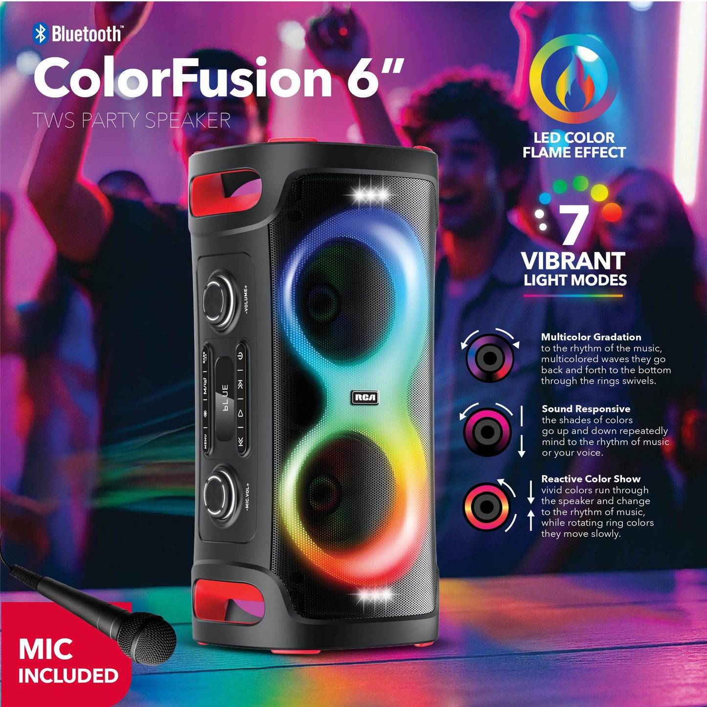 RCA BEAT-206 Portable Bluetooth Speaker Wireless Karaoke Speaker with Mic & RGB Light