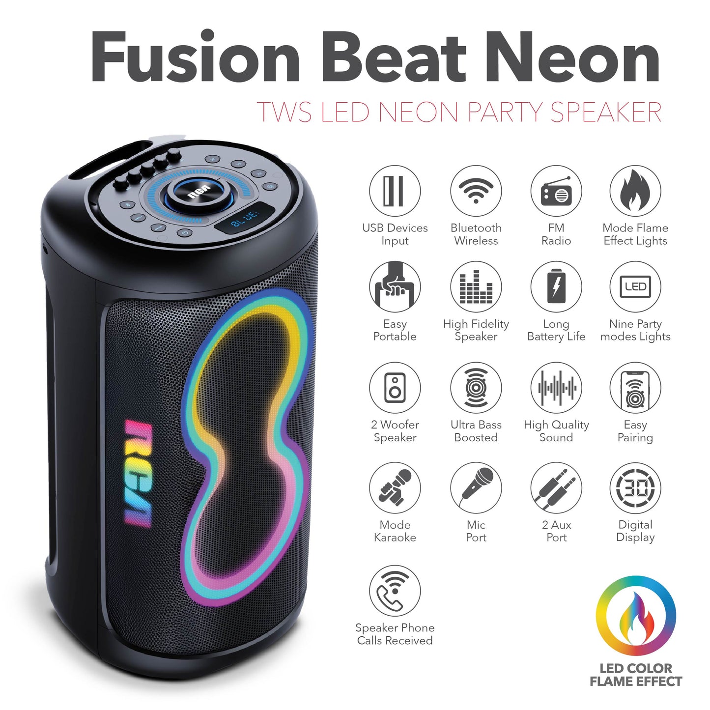 RCA BEAT-66 Portable Bluetooth Speaker Wireless Karaoke Speaker with Mic & RGB Light