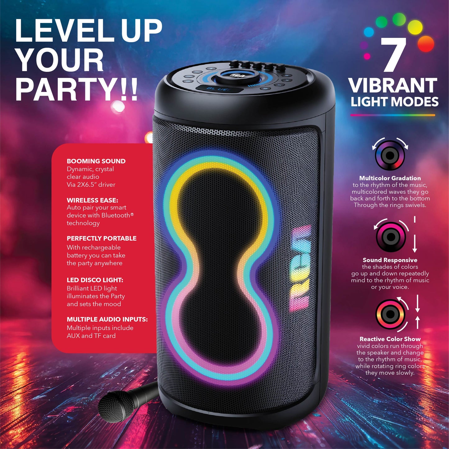 RCA BEAT-66 Portable Bluetooth Speaker Wireless Karaoke Speaker with Mic & RGB Light