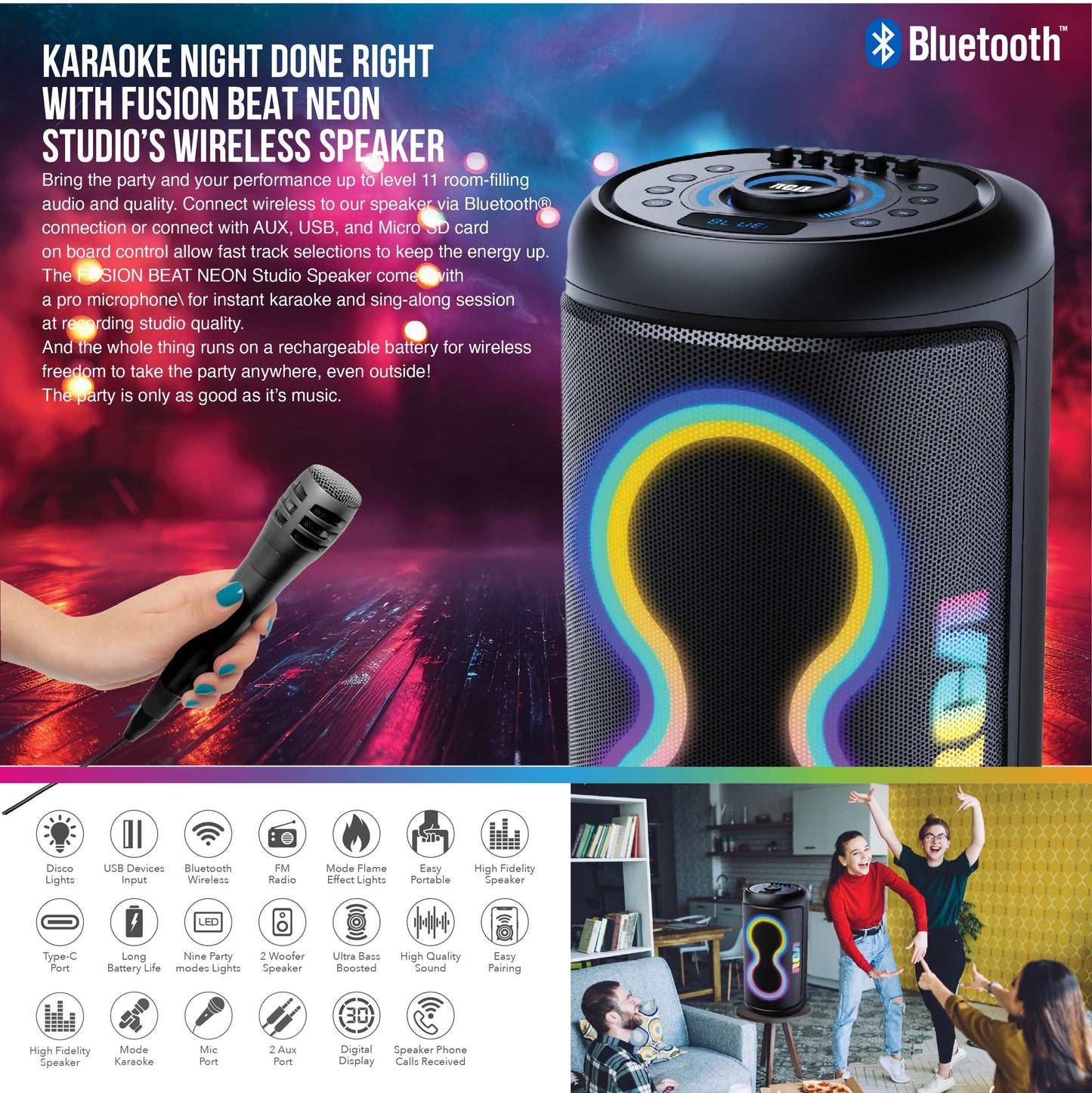 RCA BEAT-66 Portable Bluetooth Speaker Wireless Karaoke Speaker with Mic & RGB Light