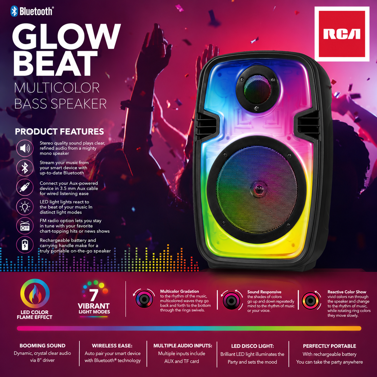 RCA FLEX-88 8" Bluetooth Party Speaker with Mic and Remote, 12H Playback Time, Bluetooth Version 5.1