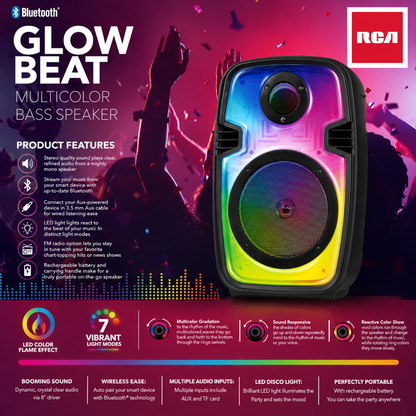 RCA FLEX-88 8" Bluetooth Party Speaker with Mic and Remote, 12H Playback Time, Bluetooth Version 5.1