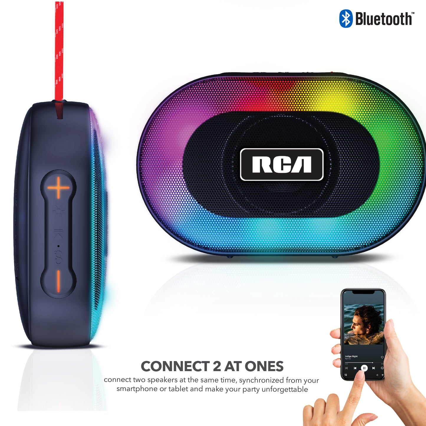 RCA IP5 Disco-101 Water-Resistant Bluetooth Speaker with 5W Output, LED Mode