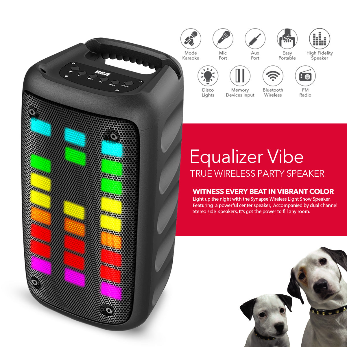 RCA Disco 203 RGB Wireless Party Speaker with LED Show Lights Effect, Bluetooth and Dual 3" Woofers