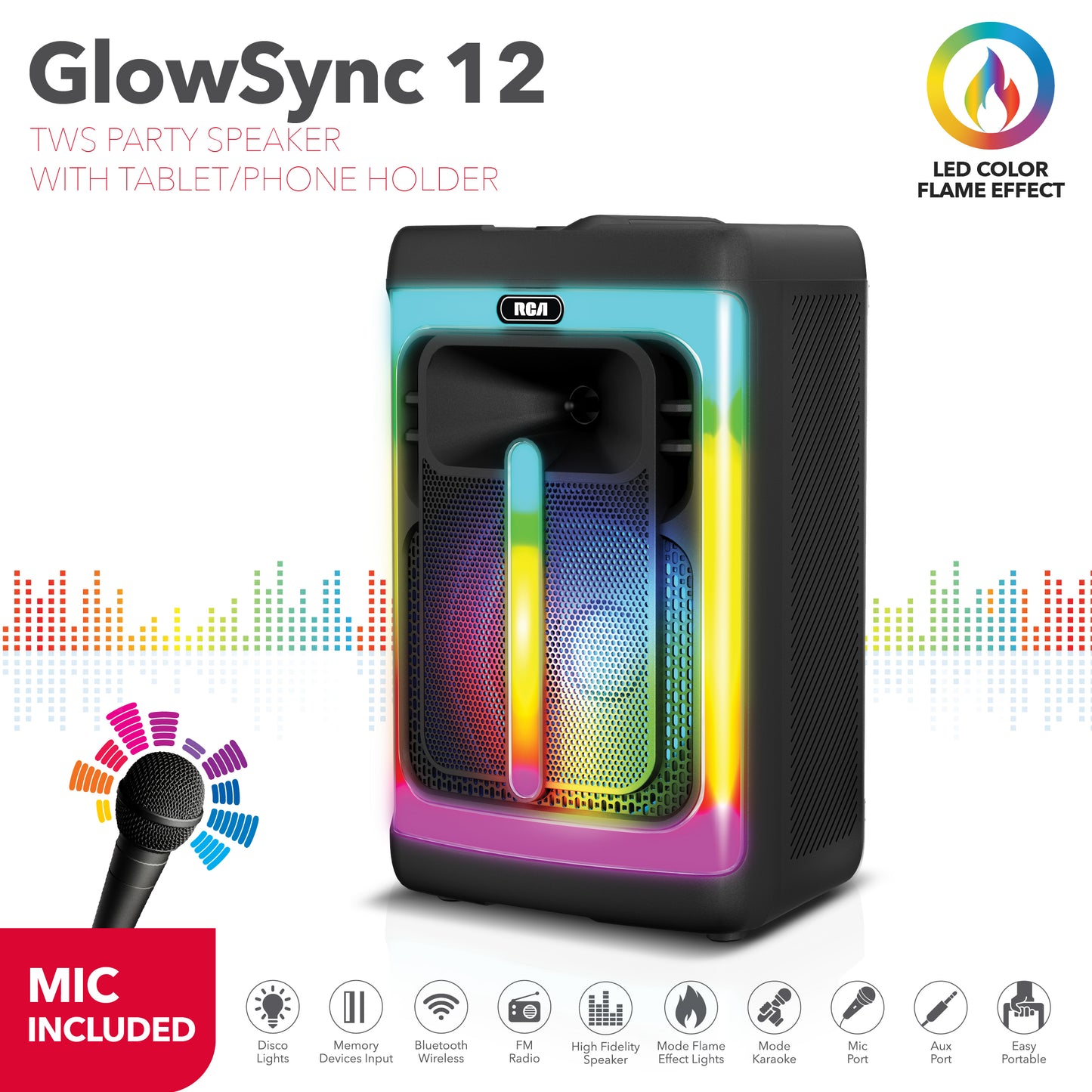 RCA FLAME-1212 Portable Bluetooth Speaker 12" Wireless Karaoke Speaker with Mic & RGB Light