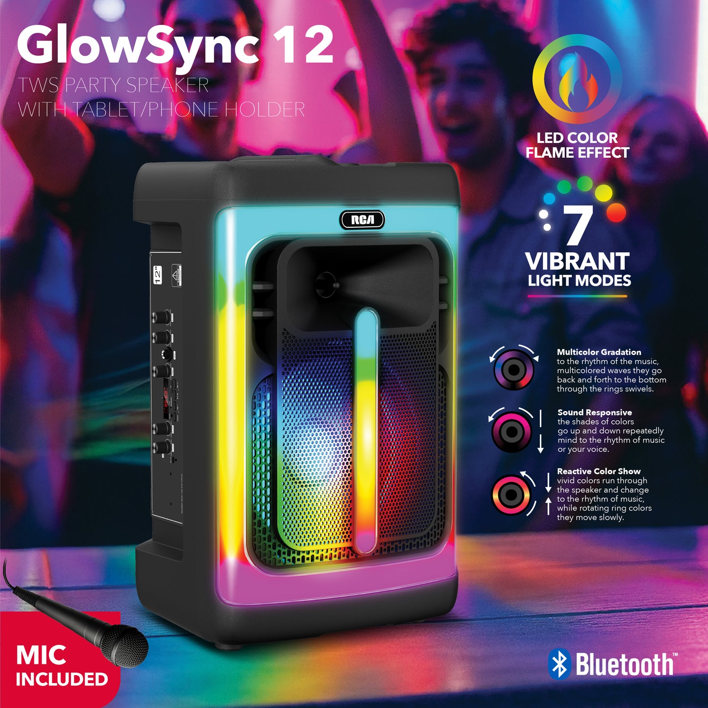 RCA FLAME-1212 Portable Bluetooth Speaker 12" Wireless Karaoke Speaker with Mic & RGB Light