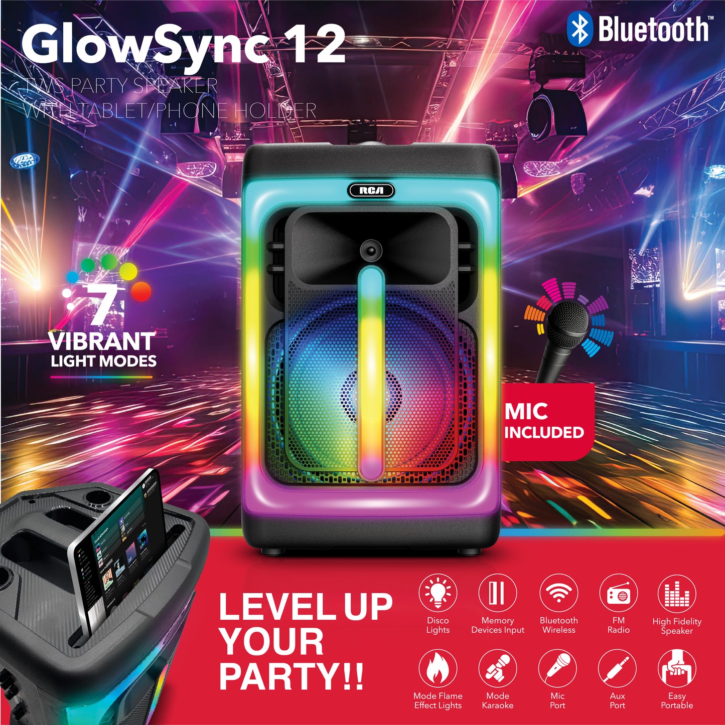 RCA FLAME-1212 Portable Bluetooth Speaker 12" Wireless Karaoke Speaker with Mic & RGB Light